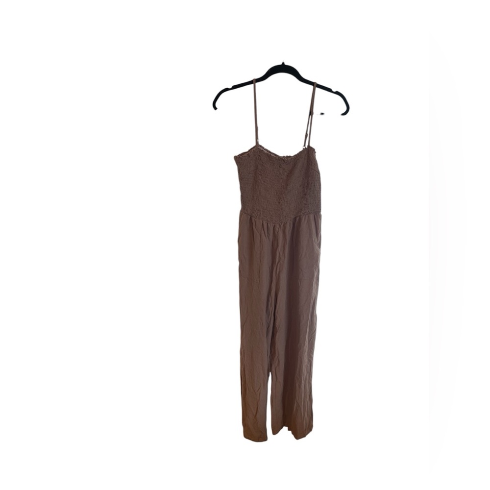 Brown Smocked Spaghetti Strap Jumpsuit
